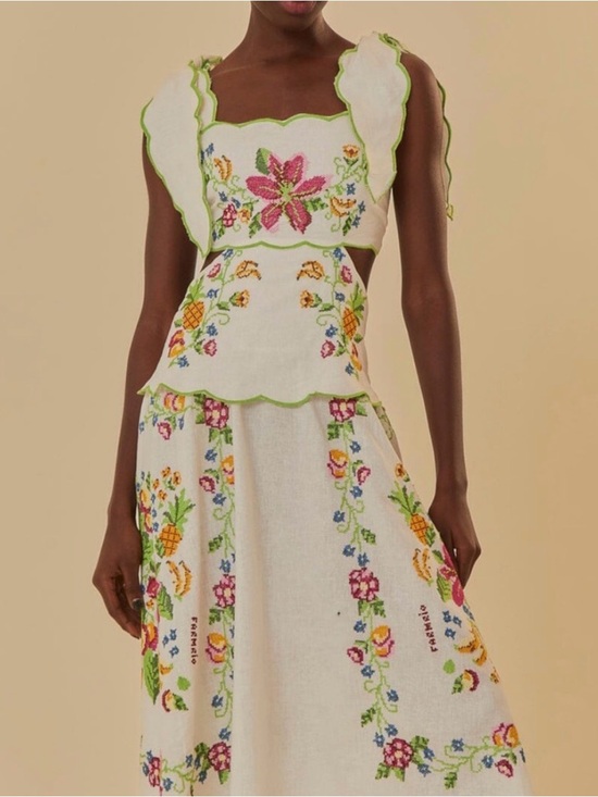 FARM Rio Dresses & Skirts - Farm Rio Tropical Romance Ivory Embroidered Floral Cutout Dress with Green Trim